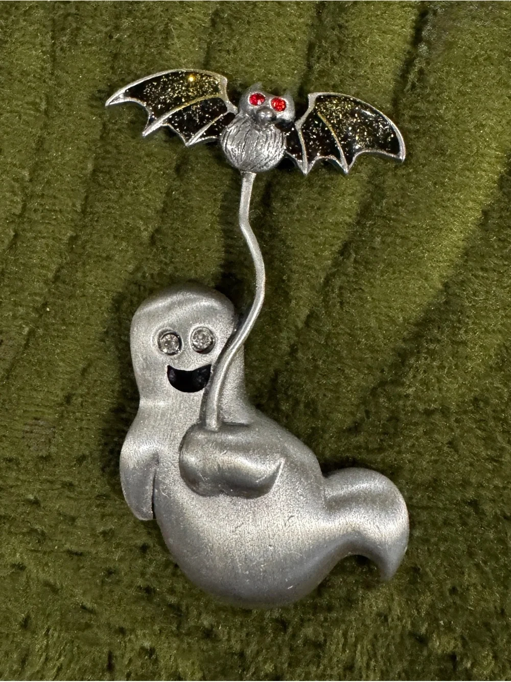 Vintage Pewter Ghost w/ Bat Halloween Brooch signed AS